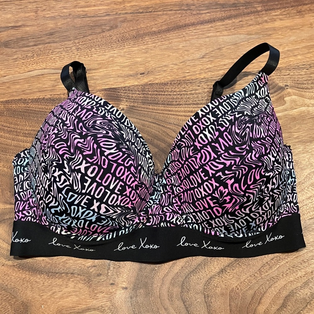XOXO Womens 36D Love Graffiti Print T-Shirt Bra Black Pink Blue 2383-16